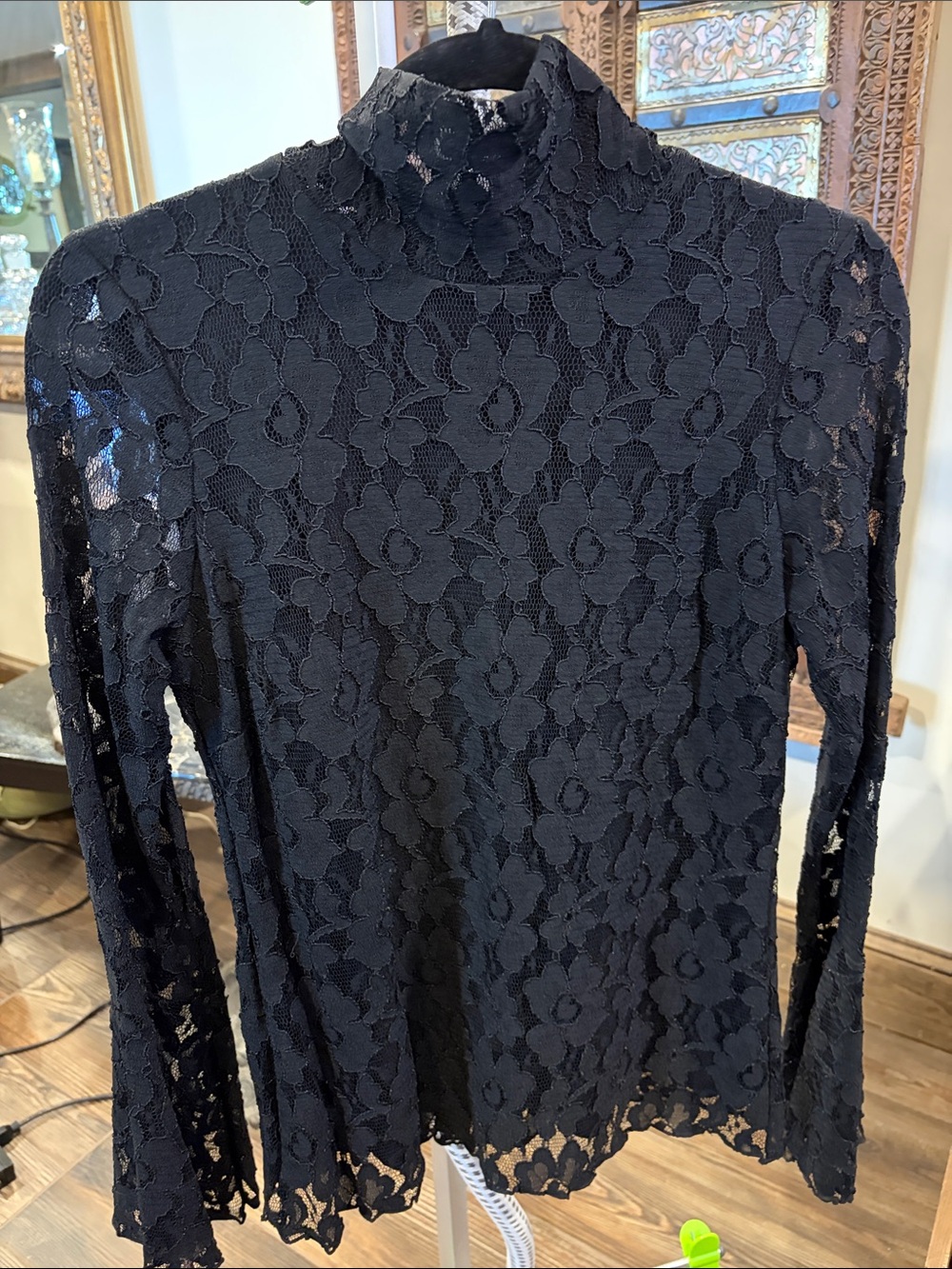 INC International Concept Black Floral Lace Long Sleeve Mock Neck Top